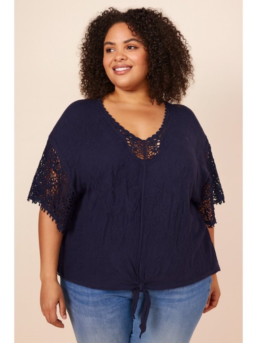 Lane Bryant Dark Navy Crochet-Trim Tie-Hem Top Intricate Floral Plus Size 26/28